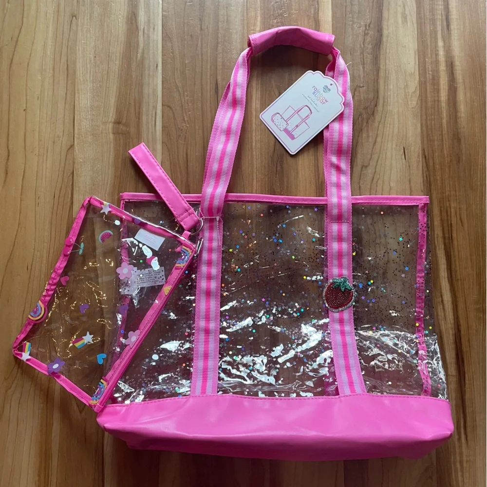 Clear Tote & Wristlet with Sparkle Accents & Pink Trim New